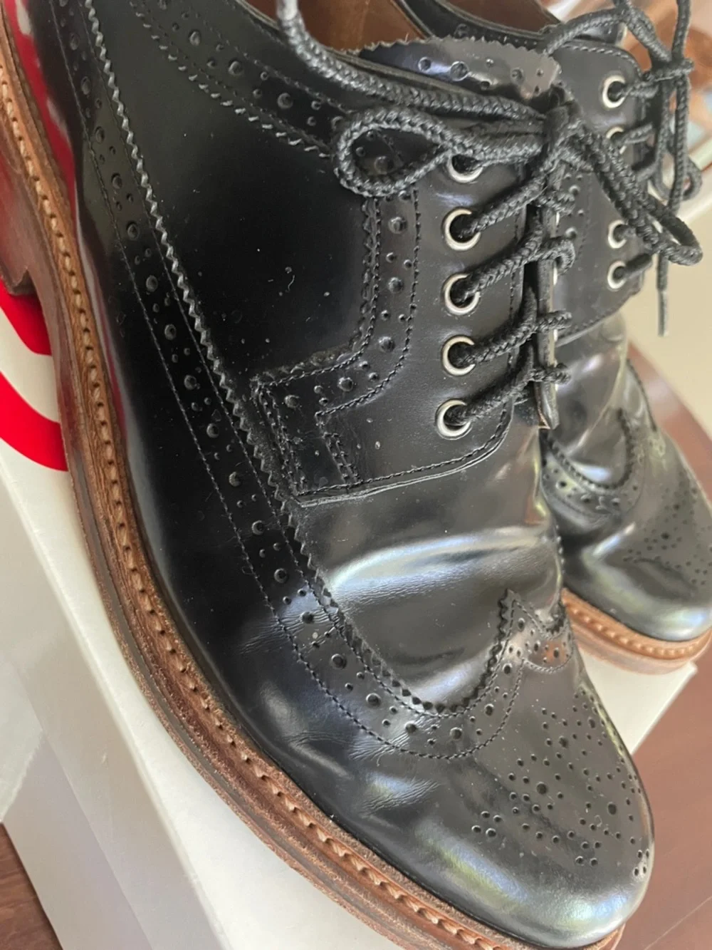 Grenson Sid Black Leather Cap Toe Derbys with Tan Welt UK Size 8G US Size 9
